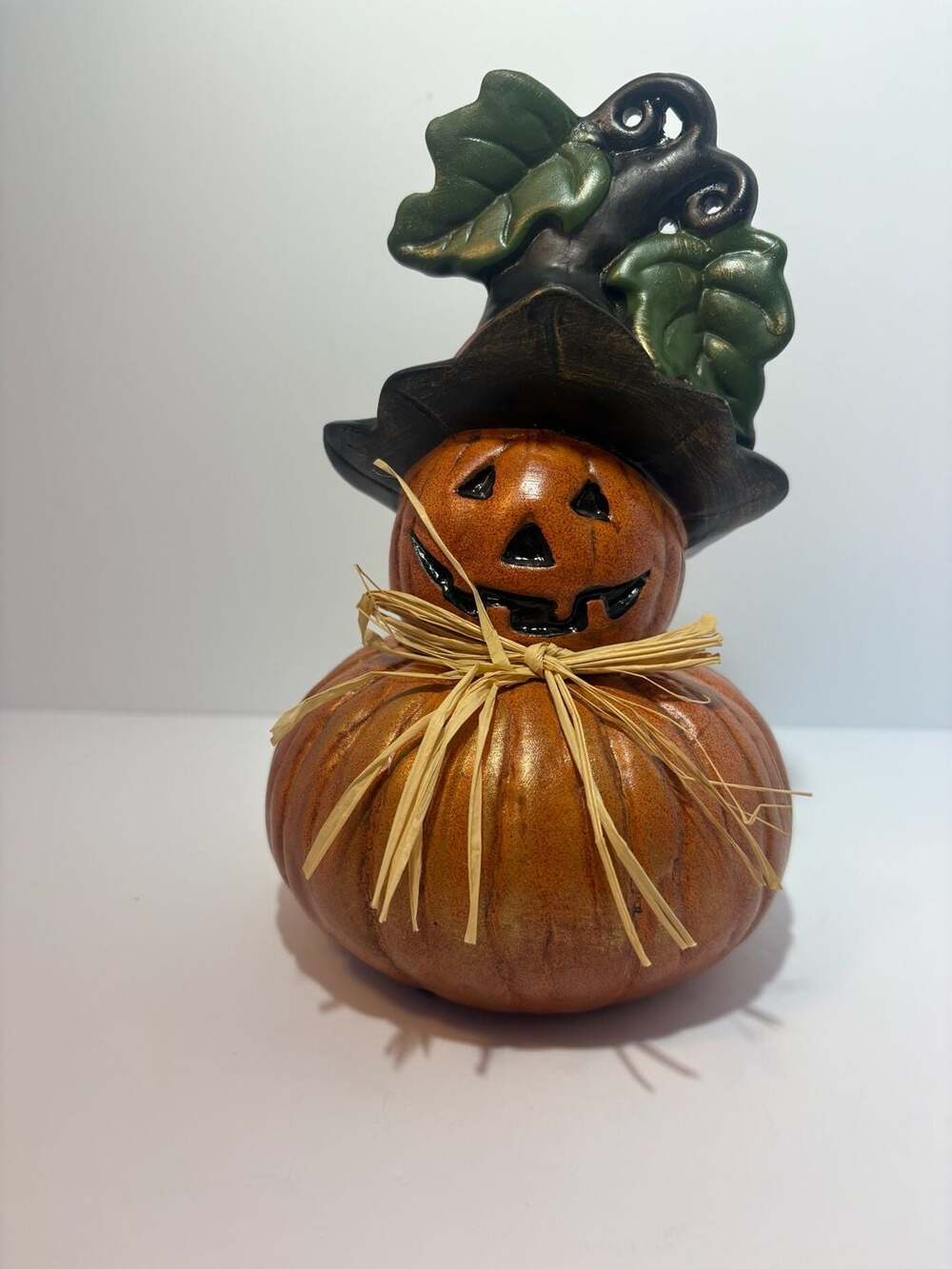 Pier 1 Whimsical Jack-O-Lantern Pumpkin Figurine Wearing Witch Hat and Straw Bow